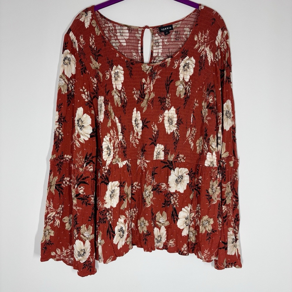 Torrid Womens Babydoll Crinkle Gauze Top Size 4X‎ Burnt Orange Smocked Peasant